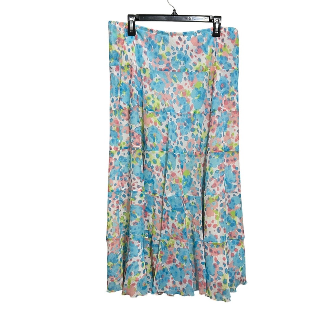 90s Maxi Skirt Womens 16 Blue Pink Abstract Floral Tiered Boho Flowy Chiffon VTG